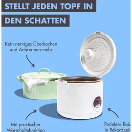 Reishunger Reiskocher & Dampfgarer mit Keramikbeschichtung, Weiß, 1,8L - bis zu 10 Portionen - Schnelle Zubereitung ohne Anbrennen - Mit Warmhaltefunktion inkl. Dämpfeinsatz, Löffel & Messbecher