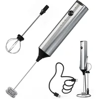 XVX - Milchaufschäumer-Stick, wiederaufladbar, mit 3 Geschwindigkeiten und Ständer, elektrischer Milchaufschäumer mit 2 Schneebesen aus Edelstahl für