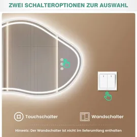 pesenxan Spiegel mit Beleuchtung Asymmetrischer, LED Badspiegel mit Touch-Schalter, 3 Lichtfarbe, Dimmbar, Badezimmerspiegel mit Beleuchtung 80x 53cm