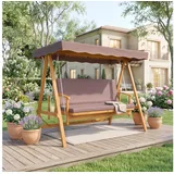 Outsunny Hollywoodschaukel mit Sonnendach, Sitzauflage, bis 330kg, 3-Sitzer, Liegefunktion, 3-Sitzer Gartenschaukel aus Holz, 1 tlg., 2 in 1 Holzschaukel mit Liegefunktion, für Garten, Terrasse, 236x130x181 cm, Braun braun