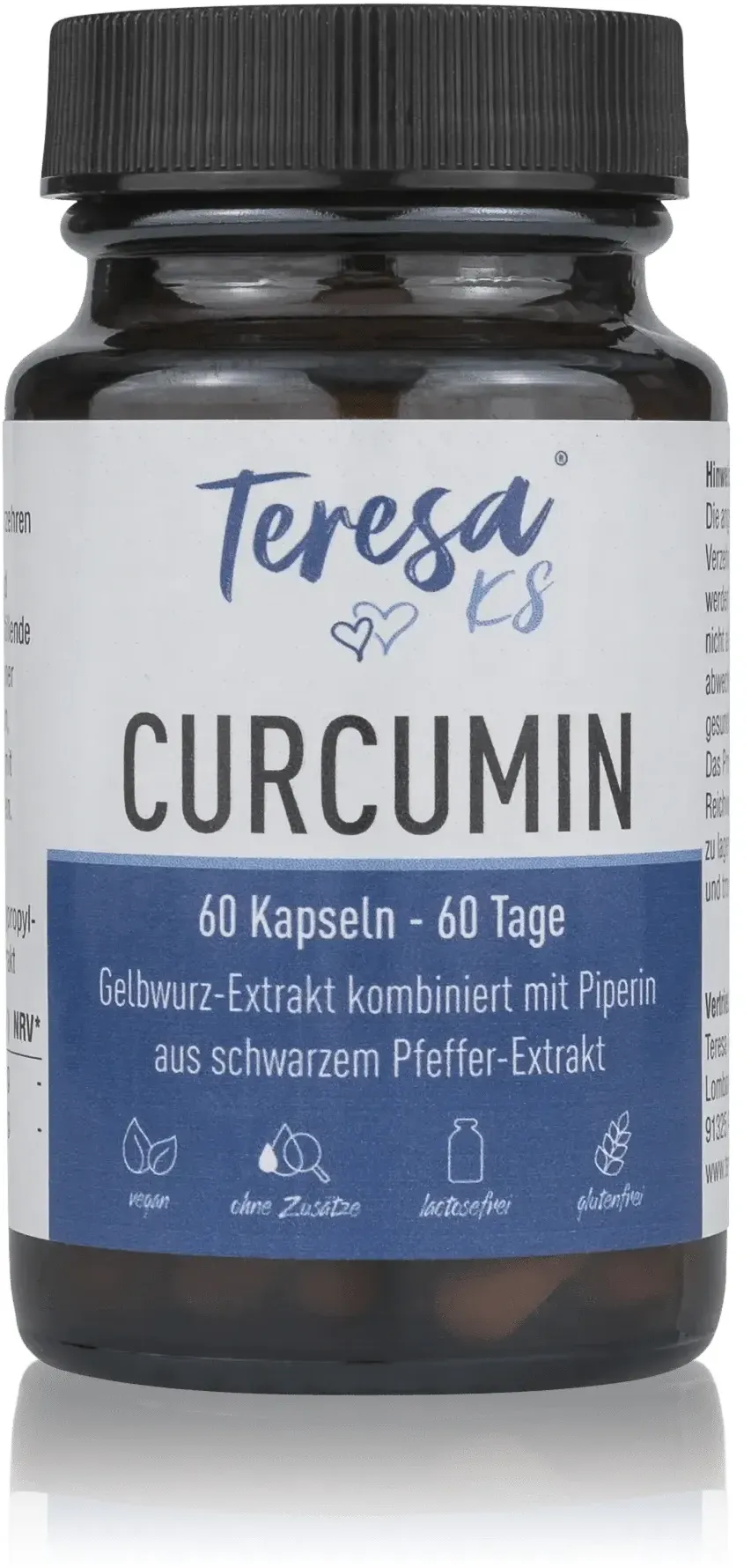 Curcumin + Piperin von Teresa KS - Vegane Kombination aus Gelbwurz Extrakt und schwarzem Pfeffer Extrakt - Hergestellt in Deutschland (60 St.)