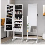 Dripex Schmuckschrank mit Spiegel stehend, Schmuck Spiegelschrank abschließbar, 2 in 1 Make-Up und Schmuck Aufbewahrung, Schmuck Organizer mit Standspiegel für Ketten, Ohrringe, Schminke, weiß