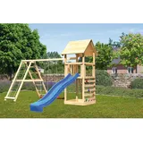 Woodfeeling Karibu Spielturm Lotti mit Doppelschaukel Klettergerüst Kletterwand Rutsche Blau