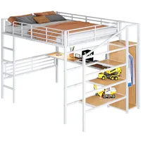 Rutaqian Hochbett Eisengestellbett mit Schreibtisch, offener Kleiderschrank, Treppe (Hochbett 4-lagiges Lagerregal für Treppen(Ohne Matratze) weiß 145 cm x 244.5 cm x 170.2 cm