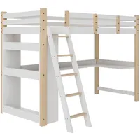 IDEASY Hochbett 90 x 200 cm, mit Schutzleisten Lattenrost, Jugendbett, Hochbett Kinder (Massivholz-Etagenbett, Ohne Matratze, 100 kg belastbar) Kinderbett mit Schrägleiter, integriertem Schreibtisch und Regalen