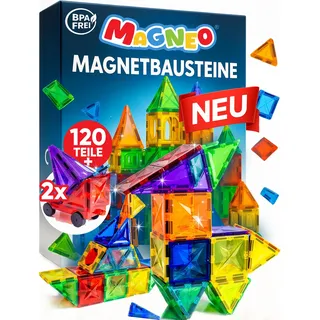 Magneo® Magnetische Bausteine (120 teilig inkl. 2 Autos) - Magnetbausteine für Kinder ab 3 Jahren - Pädagogisches Magnetspielzeug - Kreatives Magnet Spiel mit starken Magneten - Geschenk Idee