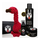 CrazyDogPaul Tiershampoo Geschenk für Hunde - Fellpflege Geschenkbox mit Spielzeug-Flamingo, (1 x Hundeshampoo, 1 x Fellpflegespray, 1 x Pfotenbalsam, 1 x Spielzeug, 4-St)