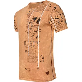 RUSTY NEAL T-Shirt RUSTY NEAL, Herren, Gr. M, braun (camelfarben), 100% Baumwolle, bedruckt, normal, Rundhals, Shirts T-Shirt, im Used-Look mit Allover-Print