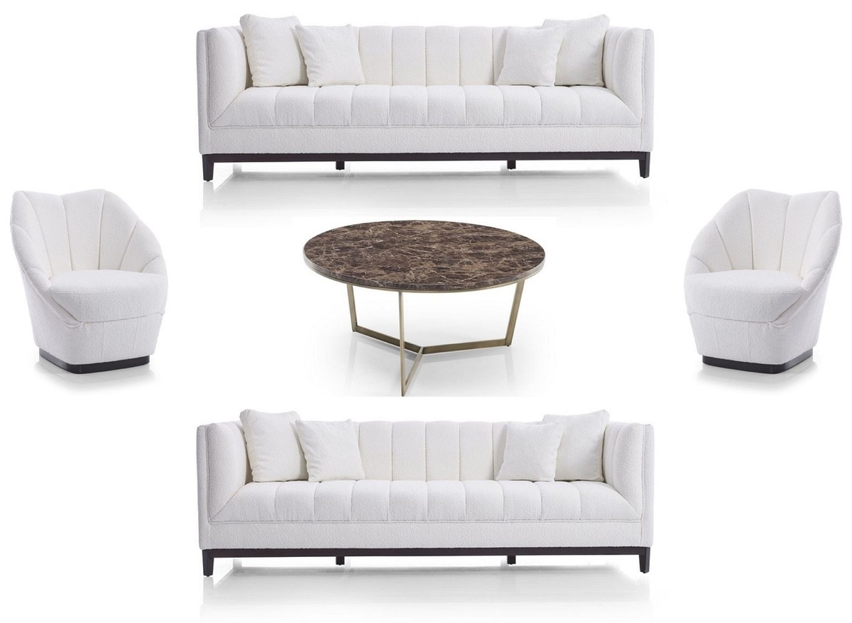 Casa Padrino Luxus Wohnzimmer Set Weiß / Schwarz / Messing - 2 Luxus Sofas & 2 Luxus Sessel & 1 Luxus Couchtisch - Wohnzimmer Möbel - Luxus Möbel - Luxus Einrichtung - Wohnzimmer Einrichtung