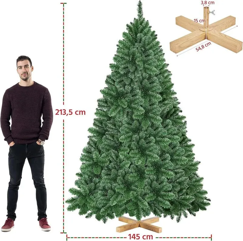 Yaheetech 2,13 m künstlicher Weihnachtsbaum, volle Weihnachtsfichte mit 1347 Spitzen, Holzoptik-Metallständer und Scharnierzweigen, Grün