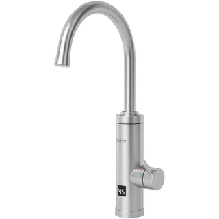 Fudeer 230V Elektrischer wasserhahn für die Küche,3.3 kW Wasserhahn mit Durchlauferhitzer, 360°Drehbare Edelstahl-Heißwasserarmatur mit Digitaldisplay 30-45°C (Silber)