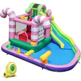 9-in-1 Aufblasbare Hüpfburg, Hüpfschloss mit Rutsche, Sprungmatte, Kletterwand, Ballspielplatz, Basketballkorb, Planschbecken & Tic-Tac-Toe-Spiel,