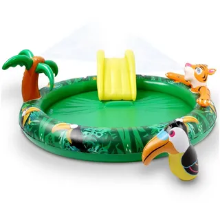 Onbest Planschbecken Jungle mit Schlauchanschluss Rutsche und Flickset, Hautfreundliches 0,25 mm PVC, leichter Aufbau grün