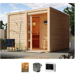 Saunahaus KONIFERA "Ruben", beige (natur), Bio-Ofen, externe Steuerung, 9 kW, Saunen, naturbelassen, mit Ofen 9 kW Bio ext. Steuerung Easy