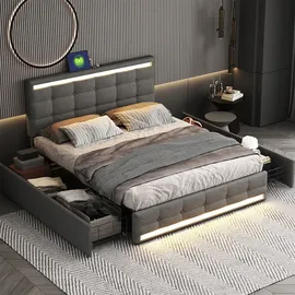 XDOVET Polsterbett mit Schubladen USB-Ladestationen und LED-Kopfteil-Fußteil Doppelbett Erwachsenenbett Stauraumbett 140*200cm Grau - Grau