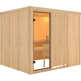 Karibu Sauna Gobin mit Fronteinstieg 68 mm-Ohne Ofen-Ohne Dachkranz-Klarglas Ganzglastür inkl. 10-teiligem gratis Saunaset im Wert von 232,94 €