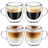 4 x 250 ml Doppelwandige Kffeetassen mit Henkel, Doppelwandige Latte Macchiato Gläser, Cappuccino Tassen, Hitze - und Kältebeständigkeit - Gläser aus Borosilikatglas für Latte,Tee,EIS,Milch,Bier