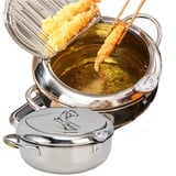 Japanische Fritteuse, Japanischer Frittiertopf, 24 cm, Tempura Fritteuse, Edelstahl-Frittiertopf mit Ölabtropfgestell, mit Thermometer, Mini-Edelstahl-Kochfritteuse, Zum Braten Und Kochen(Silber)