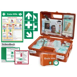HM Arbeitsmedizin Verbandskoffer/Verbandskasten (K) -Komplettpaket- Erste Hilfe nach aktueller DIN 13157 für Betriebe -DSGVO- INKL. PERFORIERTEM VERBANDBUCH + Aushang + Aufkleber