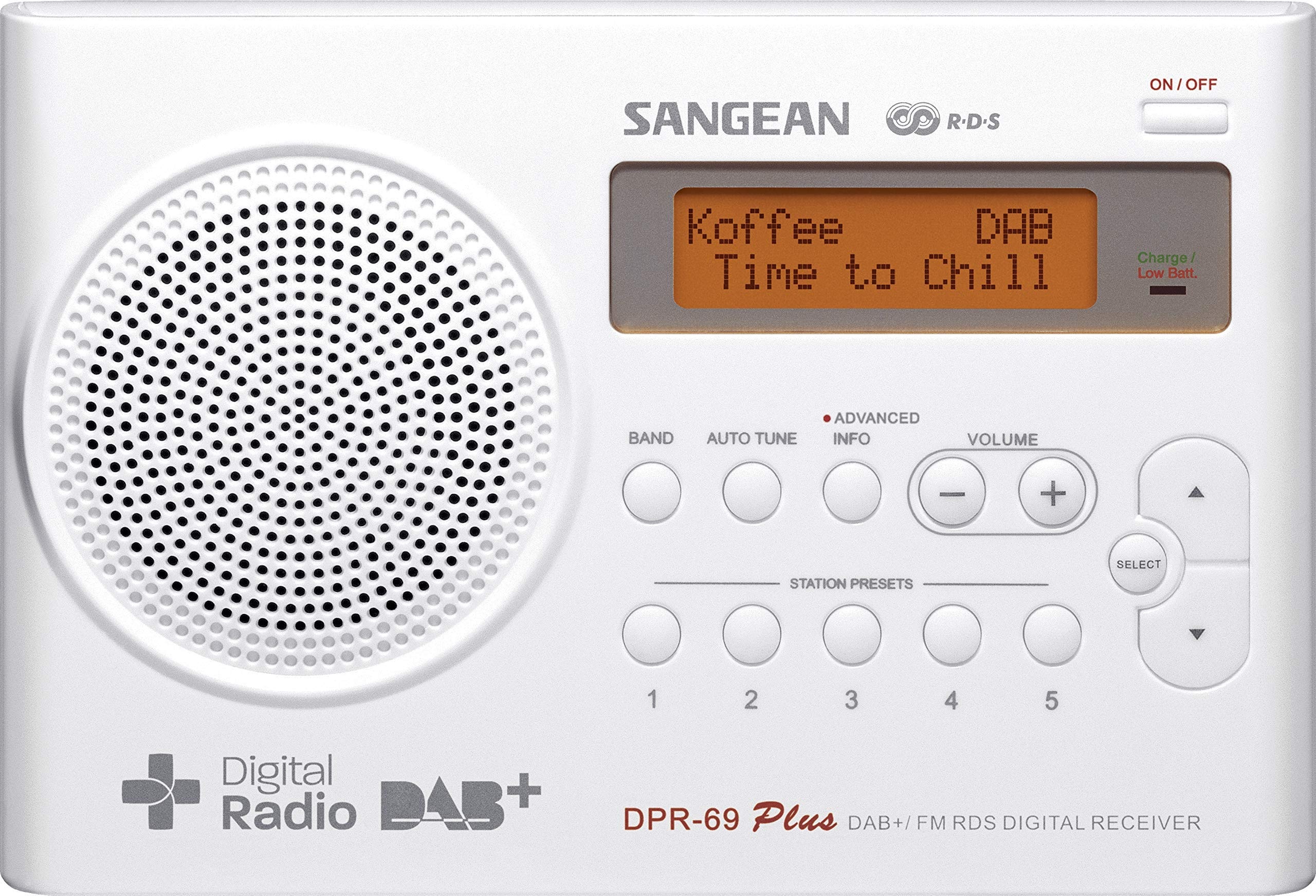 Sangean DPR-69+ tragbares DAB+ Digitalradio (UKW-Tuner, Batterie-/Netzbetrieb) weiß
