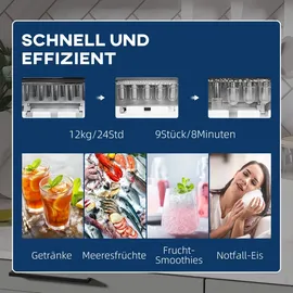 Homcom Eiswürfelmaschine Eiswürfelbereiter 9 Würfel in 8 Minuten fertig, 12 kg in 24 h, Selbstreinigende Tragbare Ice Maker für Küche, Büro, Bar