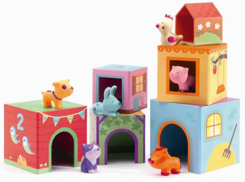 Djeco Topanifarm Stapelklötze Spielzeug für Kinder - 6 Würfel, Tiermotive, Holz, mehrfarbig, 14,5x14,5x23 cm