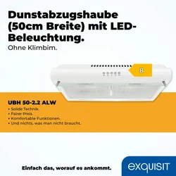 Exquisit Dunstabzugshaube UBH 50-2.2 ALW | Unterbau Abzugshaube | Energieeffizienzklasse B | Weiß | 50cm breit | Unterbaugerät | Aktivkohlefilter
