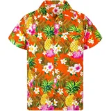 King Kameha Funky Hawaiihemd Kids Kinder Jungs, Kurzarm, Print Pineapple Flowers, Orange, 10 - 10 Jahre