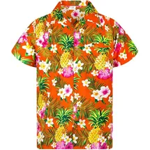 King Kameha Funky Hawaiihemd Kids Kinder Jungs, Kurzarm, Print Pineapple Flowers, Orange, 10 - 10 Jahre