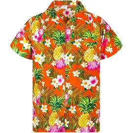 King Kameha Funky Hawaiihemd Kids Kinder Jungs, Kurzarm, Print Pineapple Flowers, Orange, 10 - 10 Jahre