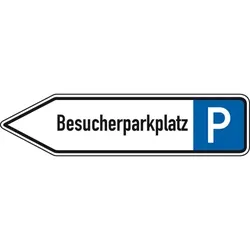 Schild I Wegweiser Besucherparkplatz, linksweisend, Aluminium RA0, reflektierend, 1400x350mm, DIN 67520