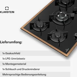 Klarstein Gaskochfeld, 5-Brenner Kupferrahmen, 10,4 kW, Elektrische Zündung, FFD-Sicherheit, Glasoberfläche, Gusseiserne Topfträger, L... - Braun