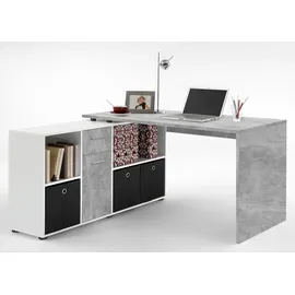 FMD Eckschreibtisch FMD "Lexo", grau (betonfarben, weiß), B:136cm H:74cm T:66,5cm, Tische, Eckschreibtisch, Schreibtisch/Sideboard viel Stauraum, beidseitig montierb., 136/205 cm