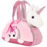 BRUBAKER Einhorn Tasche Weiß - 20 cm - Plüschtier in Handtasche - Plüsch Stofftier Kuscheltier - Rosa