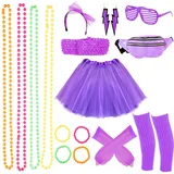 Victse 80er Jahre Kostüm Set, 80er 90er Jahre Outfit Damen, Neon Party Outfit, 1980s Damen Accessoires mit Tutu Rock, Haarband, Brille und Halsketten für Frauen Mädchen Karneval Flasching (Violett) - Einheitsgröße