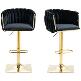 OKWISH Barhocker Drehbare Barhocker, 2er-Set, höhenverstellbare Tresenstühle, Samt (mit Chromfußstütze und -basis, mit handgewebter Rückenlehne), Kücheninsel-Seitenstuhl mit Fassrücken für Küchenessen schwarz