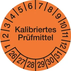 König Werbeanlagen Prüfplakette ab 26, Kalibriertes Prüfmittel, Orange/Schwarz, Folie, Ø 30 ́mm - Bogen = 10 Plaketten - 30 mm Folie selbstklebend
