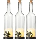 Lunartec LED-Bottle-Light: 3er-Set Deko-Glasflasche, LED-Kerze & bewegliche Flamme, Schneeflocke (Dekobeleuchtungen, Flaschen, Tischleuchte Batterie)