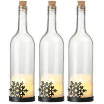 Lunartec LED-Bottle-Light: 3er-Set Deko-Glasflasche, LED-Kerze & bewegliche Flamme, Schneeflocke (Dekobeleuchtungen, Flaschen, Tischleuchte Batterie)