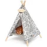 Outentin Tierbett Katzentipi und Hundehöhle mit Bett - Tipi-Zelt für Katze und Hund, 100% Baumwolle, Abnehmbares Bett, Beschriftbares Namensschild, Verstellbares Seil grau