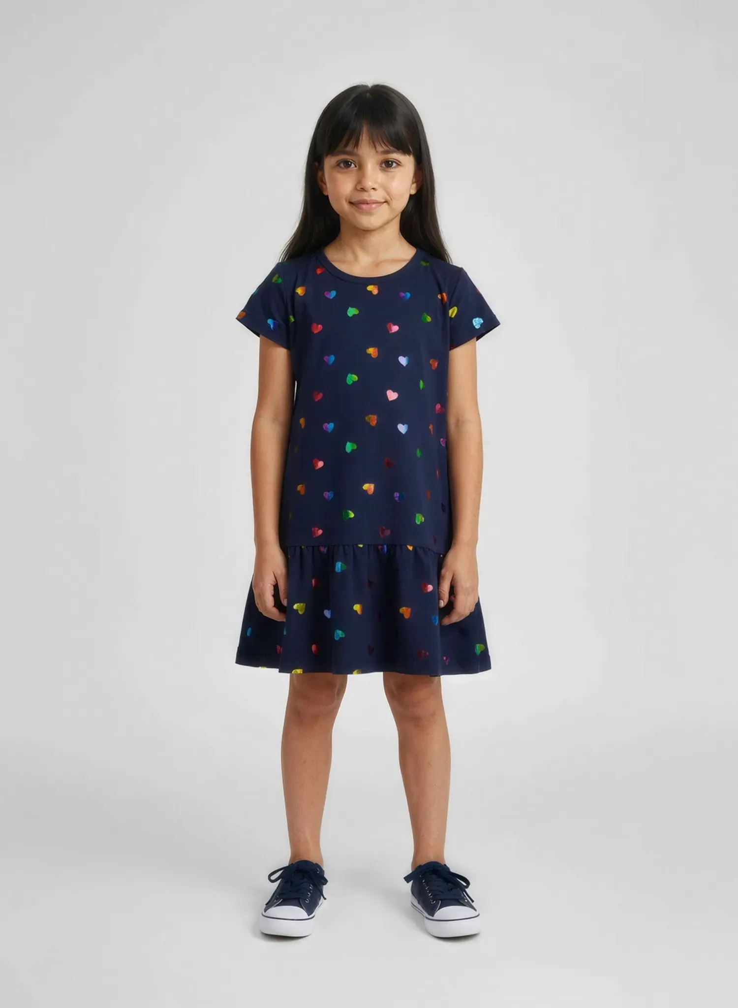 Jerseykleid BLUE SEVEN, Mädchen, Gr. 128, N-Gr, bunt (ultramarin), Jersey, Obermaterial: 95% Baumwolle, 5% Elasthan, bedruckt, unifarben, regular fit, Rundhals, Kleider Jerseykleid, im tollem Herzchen-Folien-Alloverprint