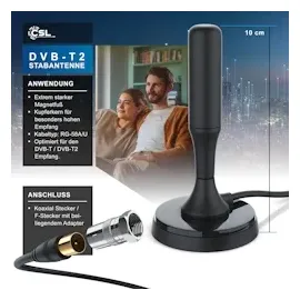CSL DVB-T, DVB-T2 Stabantenne für Innenbereich, digitale Antenne mit 4m Kabel / inkl. F-Stecker Adapter