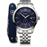 Victorinox Herren Armbanduhr Alliance Ø 40mm mit Taschenmesser, Swiss Made, Analog Quarz, Wasserdicht bis 100m, Saphirkristallglas, Edelstahl Armband, Blau/Silber, 241763.1