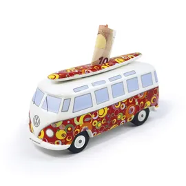 BRISA VW Collection - Volkswagen Spar-Büchse-Schwein-Dose mit Surfbrett im T1 Bulli Bus Samba Design (Classic Bus/Rot)