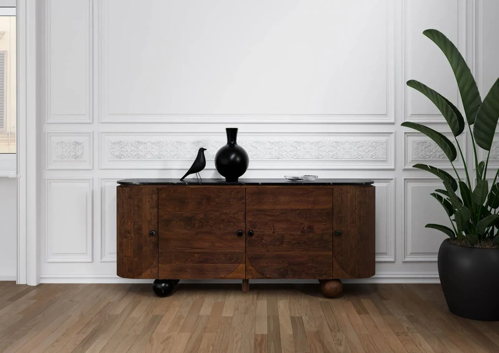Sideboard Mango 180x40x80 dunkelbraun lackiert / Marmor schwarz FLORENZ #221