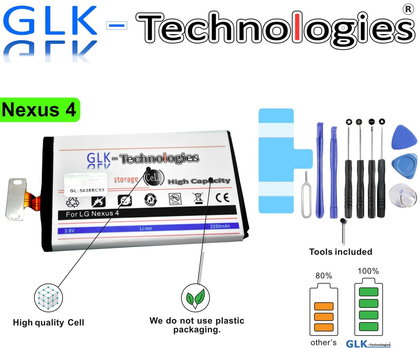 GLK-Technologies High Power Ersatzakku kompatibel mit Google Nexus 4 E975 E970 E960 BL-T5 LG Optimus G, Original GLK-Technologies Battery, accu, 2250mAh Akku, inkl. Werkzeug Set Kit Smartphone-Akku 2250 mAh