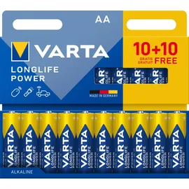 Varta Batterien AA, 10+10 (20 Stück), Longlife Power, Alkaline, 1,5V, ideal für Spielzeug, Funkmaus, Taschenlampen, Verpackung zu 90% recycelt, Made in Germany