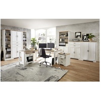 Lomadox Schreibtisch JUELICH-36-O, Büromöbel Komplett Set mit Winkelschreibtisch in Pinie hell mit Eiche weiß