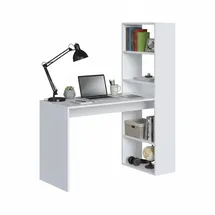 Dmora Schreibtisch Dcart, Wendeschreibtisch mit Bücherregal mit 5 Böden, Studier- oder Bürotisch für Pc-buchhalter, 120x53h144 cm, Weiß - Weiß