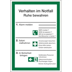 Aushang, Verhalten im Notfall - ISO 7010 - 210x297x1.5 mm Kunststoff nachleuchtend